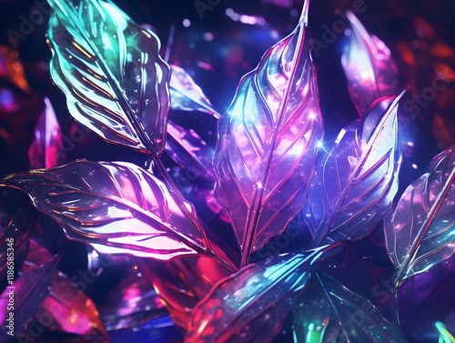 Abstract shiny glitter neon background with tropical leaves