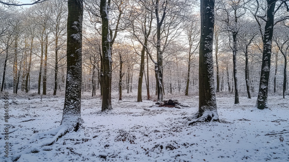 Serene winter landscape featuring snow-laden trees in a tranquil forest scene bathed in soft morning light Serene winter landscape featuring snow-laden trees in a tranquil forest scene bathed in soft morning light