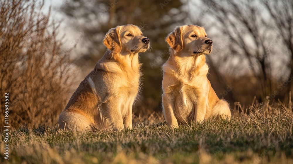 Golden retriever puppies enjoying golden hour sunlight in a serene outdoor setting highlighting their warm fur and playful demeanor.
