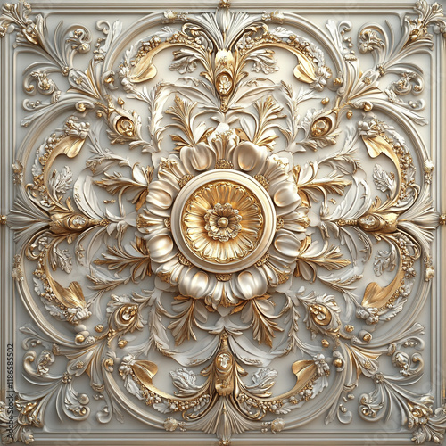 Elegant Gold and White Ornate Ceiling Medallion Design Baroque Style Architectural Detail