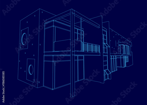 Blue drawing of a building with a window and a door. The drawing is in black and white and has a modern look to it