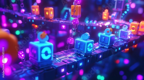 Abstract digital network with glowing icons moving on a circuit board.