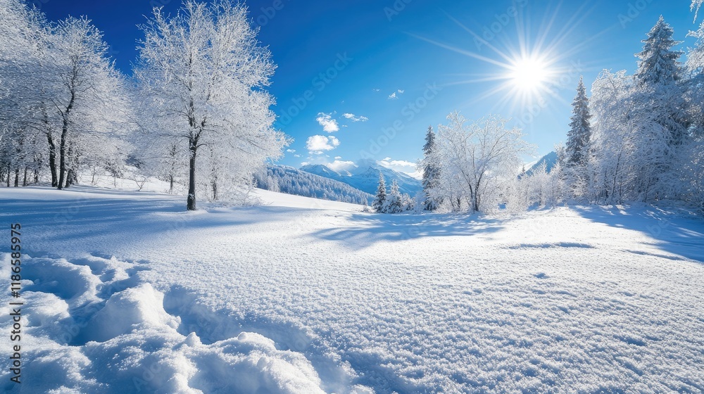 Serene winter landscape with snow-covered trees under a bright sun and clear blue sky creating a peaceful winter scene. Serene winter landscape with snow-covered trees under a bright sun and clear blue sky creating a peaceful winter scene.