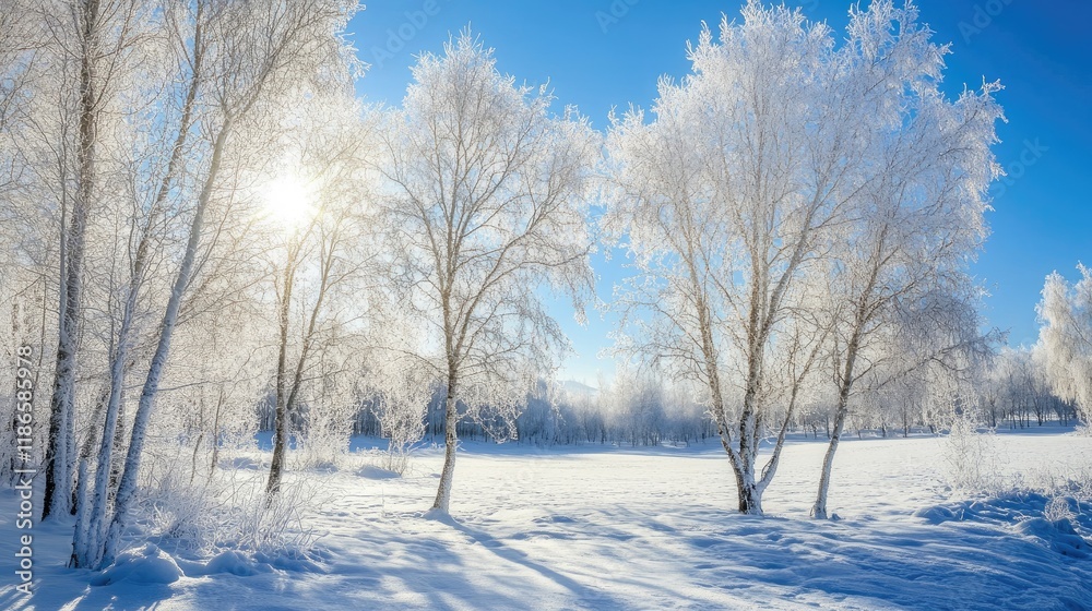 Frosty winter landscape with frosted birch trees and sunlight illuminating a serene snowy field Frosty winter landscape with frosted birch trees and sunlight illuminating a serene snowy field