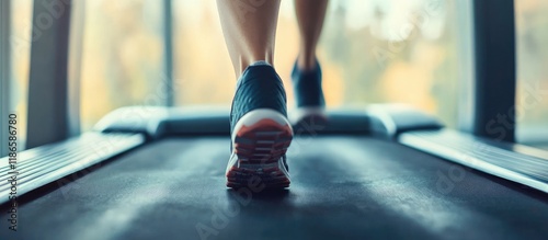 Close-up of a person's foot on a treadmill showcasing cardiorespiratory endurance testing with room for text overlay. photo