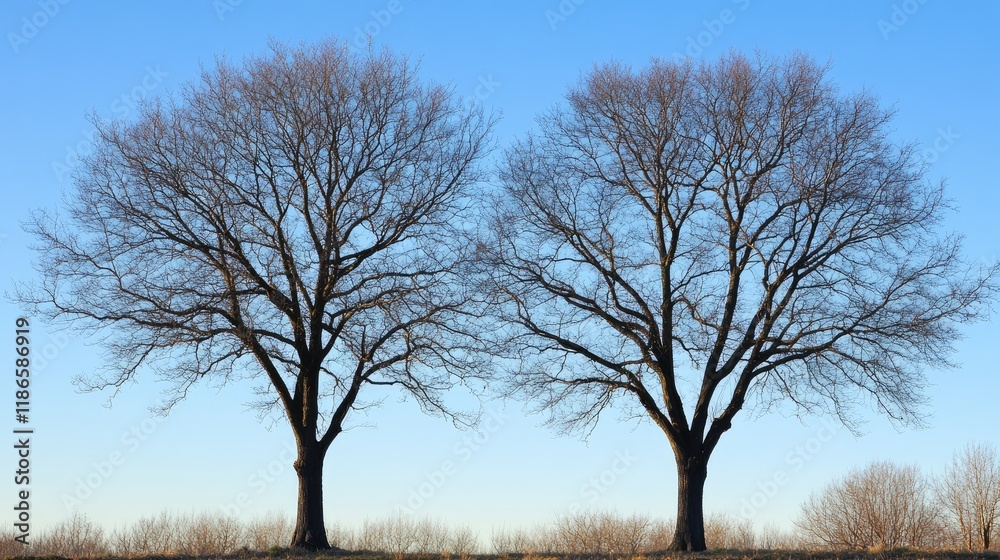 bare winter trees against clear blue sky showcasing stark beauty of nature in the cold season without foliage or leaves bare winter trees against clear blue sky showcasing stark beauty of nature in the cold season without foliage or leaves
