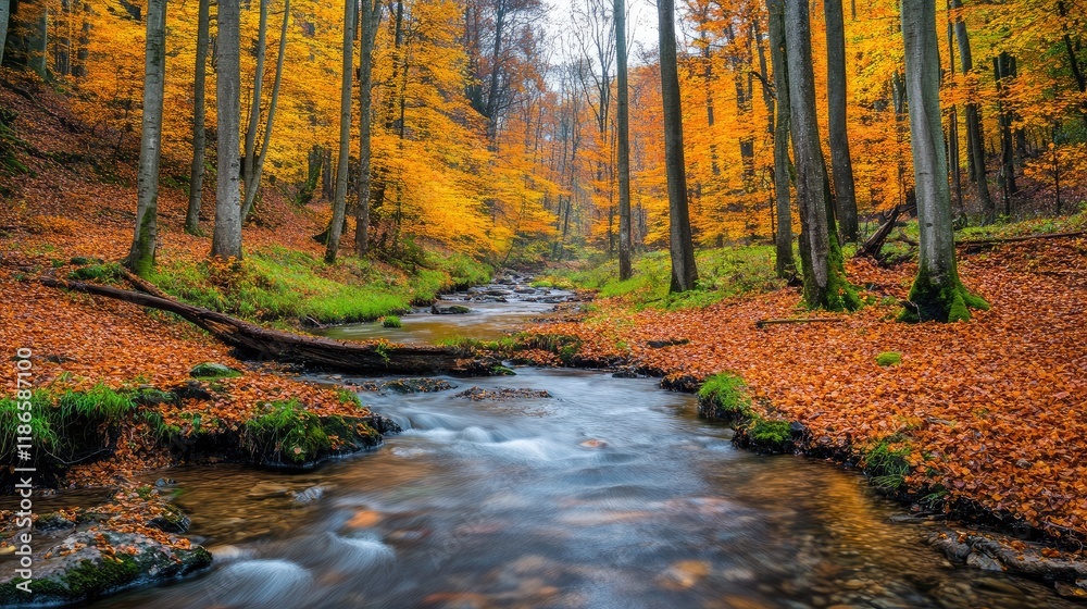 Fototapeta premium Vibrant Autumn Forest with Colorful Leaves Reflecting in Tranquil Stream Flowing Through Scenic Woodland