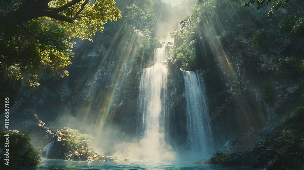 Sunbeams illuminate a majestic waterfall cascading down lush green cliffs into a tranquil pool. Sunbeams illuminate a majestic waterfall cascading down lush green cliffs into a tranquil pool.