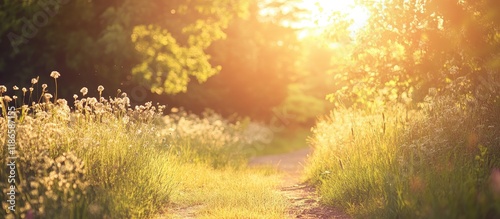 Serene Summer Pathway Bathed in Warm Light Surrounded by Nature with Space for Text and Inspiration photo