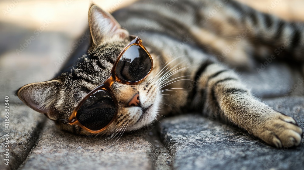 Playful cat lounging in the sun wearing stylish sunglasses on a stone surface with space for text and design elements. Playful cat lounging in the sun wearing stylish sunglasses on a stone surface with space for text and design elements.