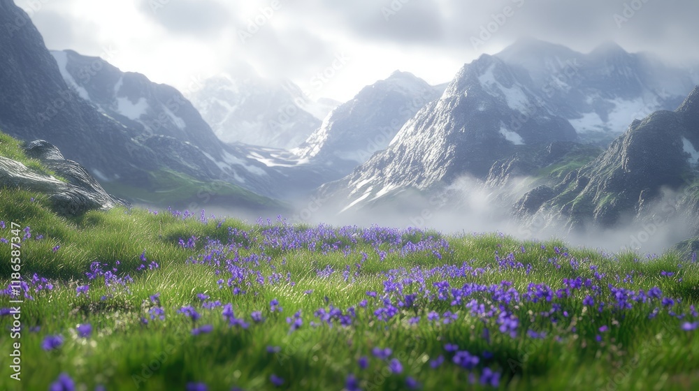 Vibrant violet flowers blooming on lush green grass in a picturesque mountain landscape under soft sunlight and misty atmosphere Vibrant violet flowers blooming on lush green grass in a picturesque mountain landscape under soft sunlight and misty atmosphere