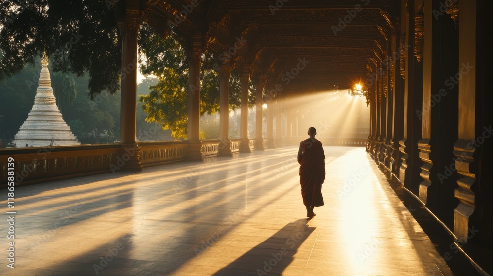 Monk Walking Towards the Light: A solitary monk in saffron robes walks towards the light, a golden ray of sunshine illuminating the path ahead, as he approaches a majestic Buddhist temple. Monk Walking Towards the Light: A solitary monk in saffron robes walks towards the light, a golden ray of sunshine illuminating the path ahead, as he approaches a majestic Buddhist temple.