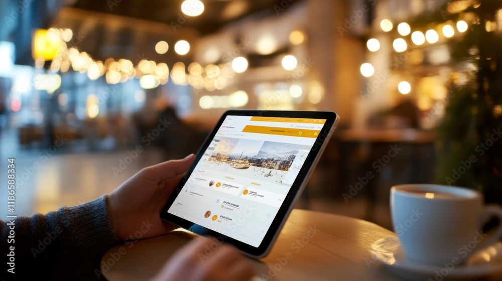 Online Booking in Cafe: Hands hold a tablet displaying a travel website, coffee nearby, in a cozy cafe setting. The soft lighting and blurred background create a tranquil atmosphere. Online Booking in Cafe: Hands hold a tablet displaying a travel website, coffee nearby, in a cozy cafe setting. The soft lighting and blurred background create a tranquil atmosphere.