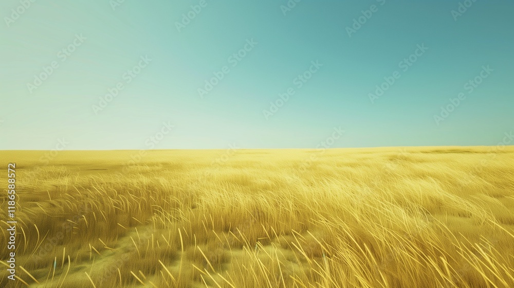 Obraz premium A vast golden field of tall grass swaying gently in the wind under a clear blue sky.