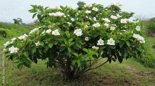 Catharanthus roseus shrub with white flowers in tropical landscape showcasing its lush foliage and natural habitat during growth season photo