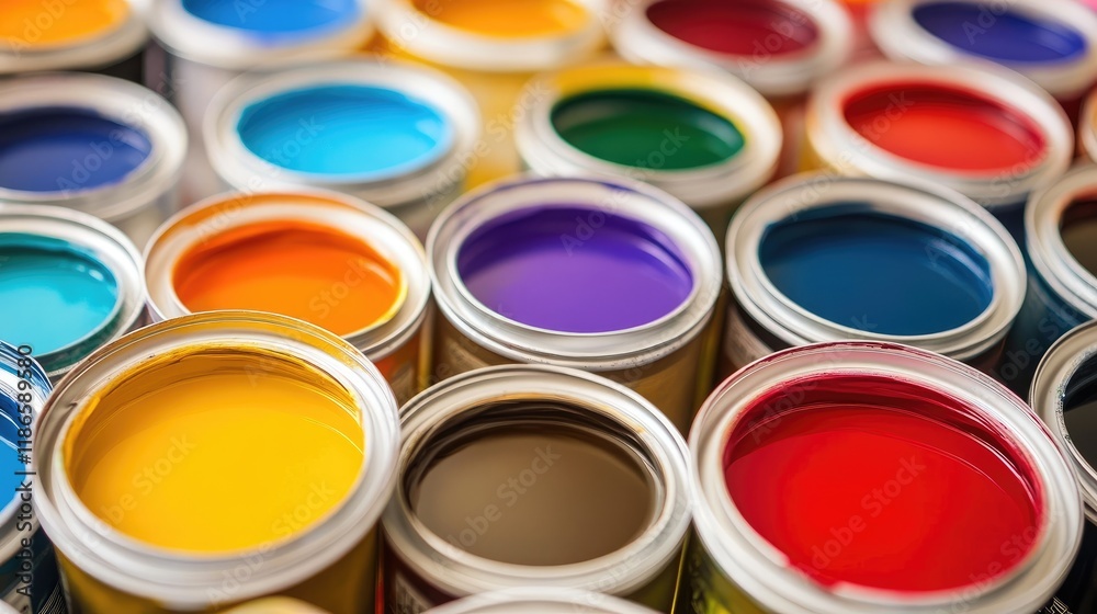 Fototapeta premium Colorful Acrylic Paint Cans Displayed in a Creative Arrangement for Artistic Inspiration and Home Decor Projects