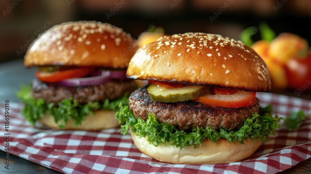 Delicious burgers loaded with fresh vegetables and patties served on a checkered tablecloth perfect for a food advertisement Delicious burgers loaded with fresh vegetables and patties served on a checkered tablecloth perfect for a food advertisement