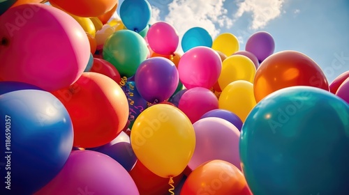 Colorful Assortment of Balloons Against a Bright Blue Sky in a Festive and Vibrant Atmosphere photo