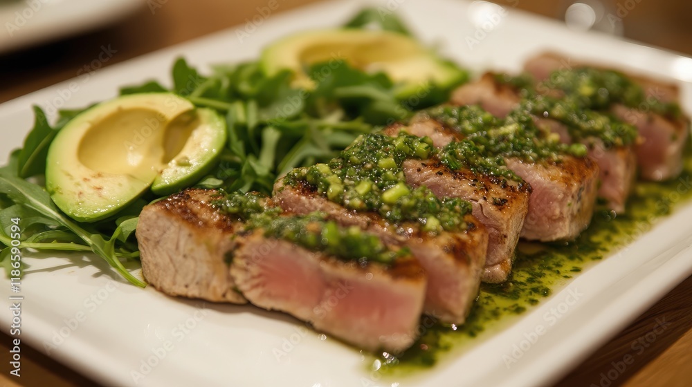 Grilled tuna steak with chimichurri sauce served on arugula and avocado slices in a gourmet presentation Grilled tuna steak with chimichurri sauce served on arugula and avocado slices in a gourmet presentation
