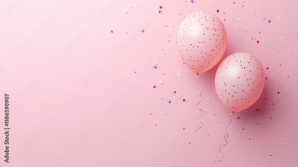 Two pink balloons with confetti on a soft pink background creating a festive atmosphere with ample space for custom text or messaging. Two pink balloons with confetti on a soft pink background creating a festive atmosphere with ample space for custom text or messaging.