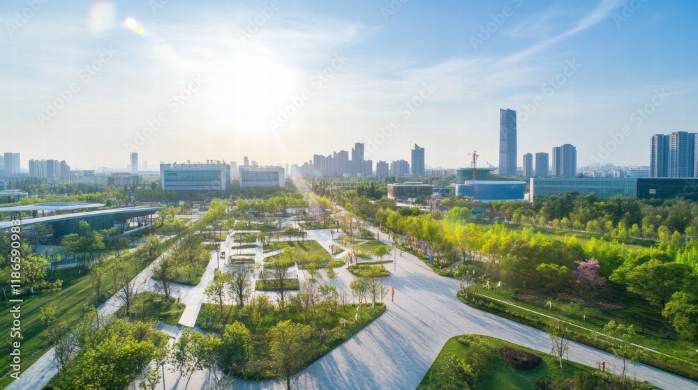 Fototapeta premium Urban Oasis: Aerial view of a modern city seamlessly integrated with expansive green spaces, showcasing a harmonious blend of urban development and nature. The sun rises.