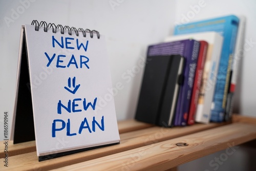 Obraz na płótnie otwarty notes na półce z kartką na której zapisany jest tekst: New Year, New Plan w salonie