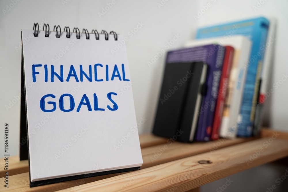 otwarty notes na półce z kartką na której zapisany jest tekst: Financial Goals