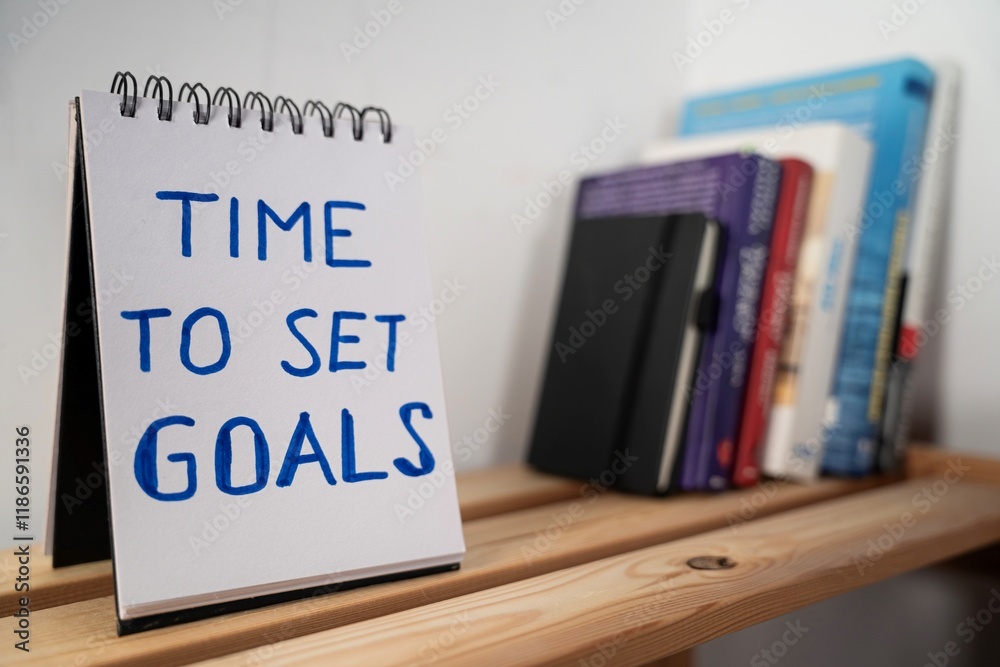 otwarty notes na półce z kartką na której zapisany jest tekst: Time to set goals