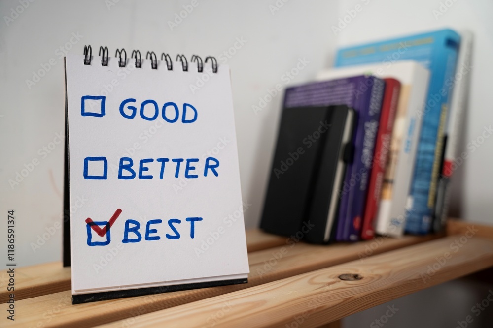 otwarty notes na półce z kartką na której zapisany jest tekst: GOOD, BETTER, BEST z miejscem do zaznaczenia właścicwej odpowiedzi
