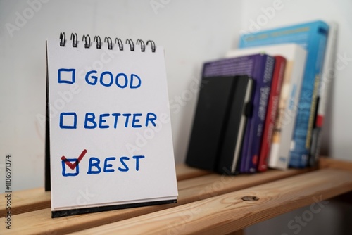 Obraz na płótnie otwarty notes na półce z kartką na której zapisany jest tekst: GOOD, BETTER, BEST z miejscem do zaznaczenia właścicwej odpowiedzi w salonie