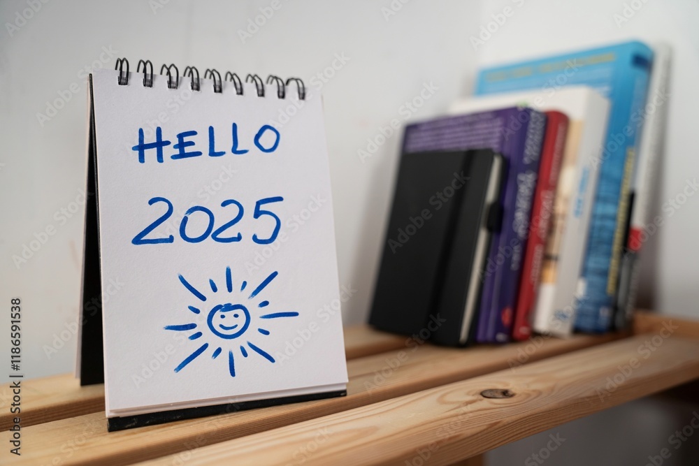 otwarty notes na półce z kartką na której zapisany jest tekst: Hello 2025