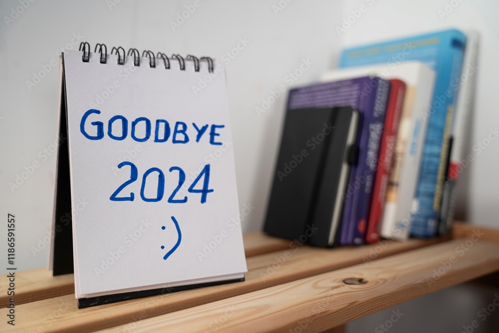 otwarty notes na półce z kartką na której zapisany jest: Good bye 2024