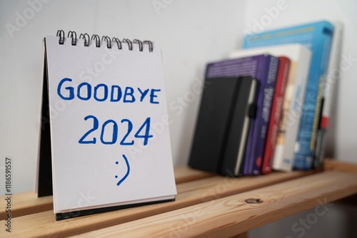 Obraz na płótnie otwarty notes na półce z kartką na której zapisany jest: Good bye 2024 w salonie