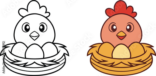 Adorable Chick and Eggs Nest Coloring Page Illustration