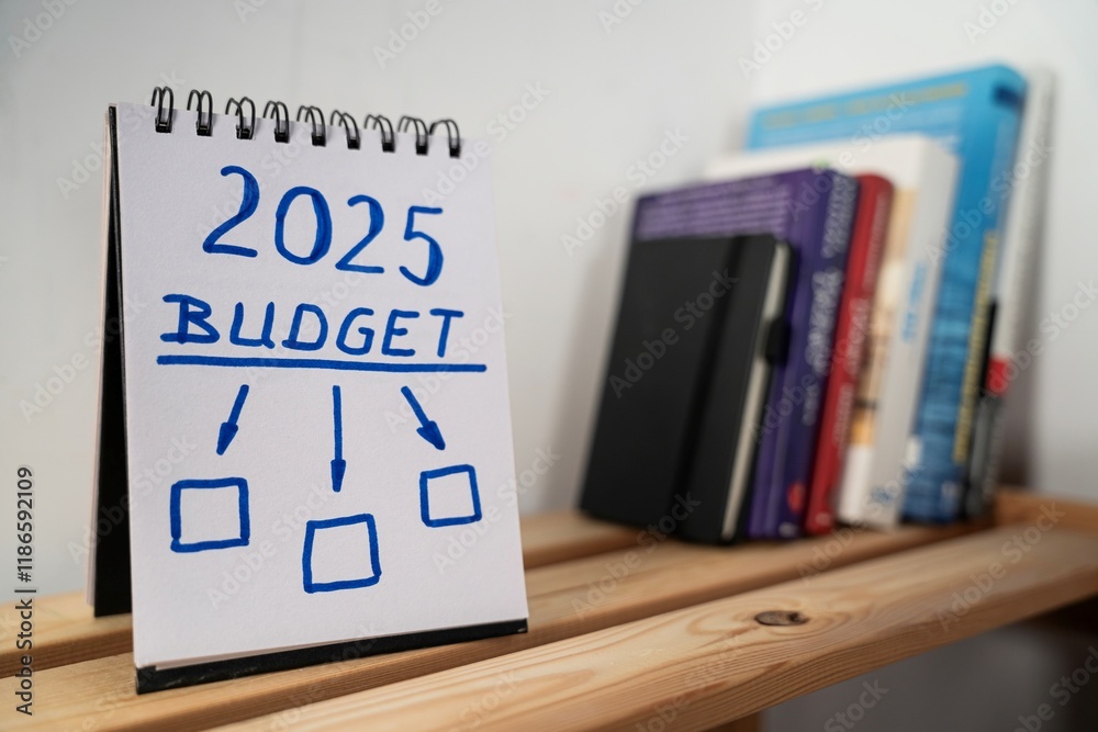 otwarty notes na półce z kartką na której zapisany jest 2025, budget oraz poniżej trzy puste pola, do których prowadzą strzałki