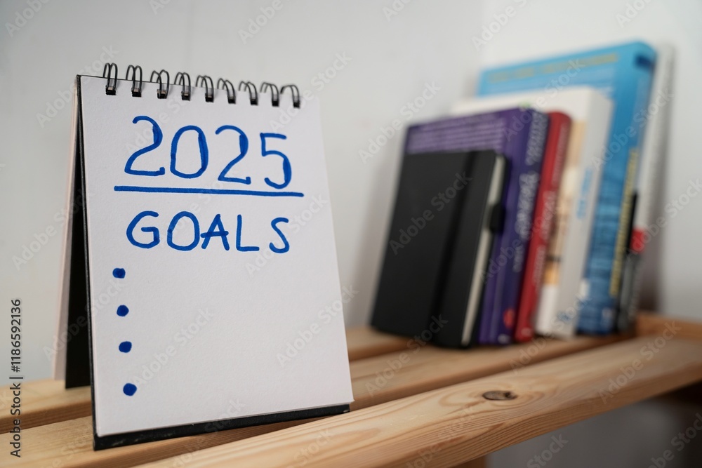 otwarty notes na półce z kartką na której zapisany jest 2025, goals oraz wykropkowane wolne miejsce do zapisania