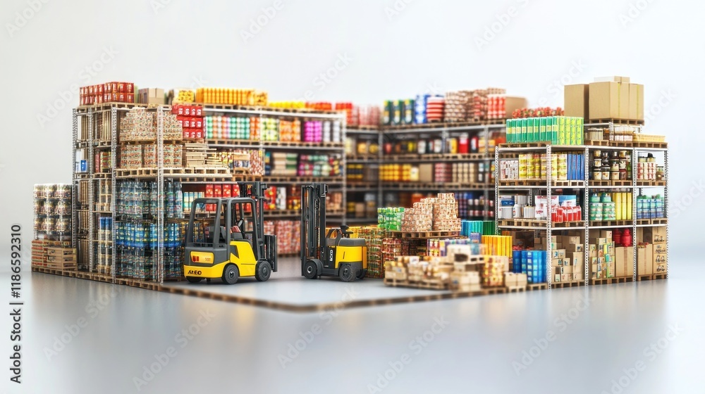 Warehouse Stock Management: A 3D Model of a Modern Grocery Distribution Center showcasing efficient logistics and storage solutions for food products. Warehouse Stock Management: A 3D Model of a Modern Grocery Distribution Center showcasing efficient logistics and storage solutions for food products.