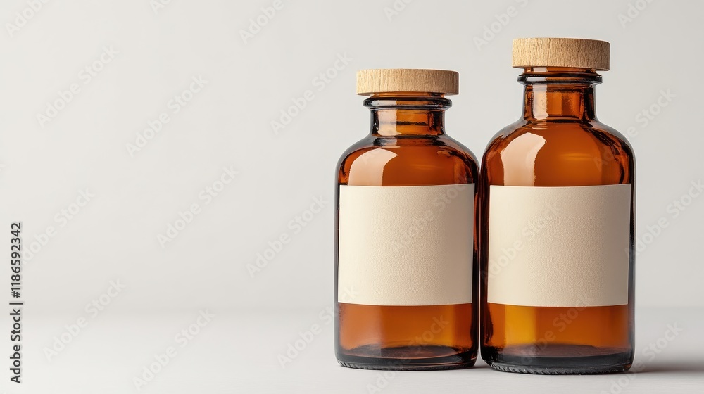 Amber glass bottles with blank labels for product display on a clean white background ideal for branding and marketing projects. Amber glass bottles with blank labels for product display on a clean white background ideal for branding and marketing projects.
