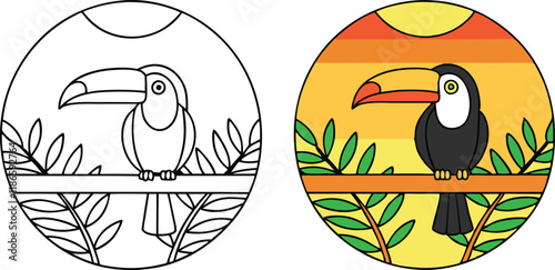 Tropical Toucan Bird Sunset Coloring Page Illustration Design