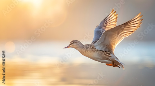 Gadwall flying on sky isolated on white background