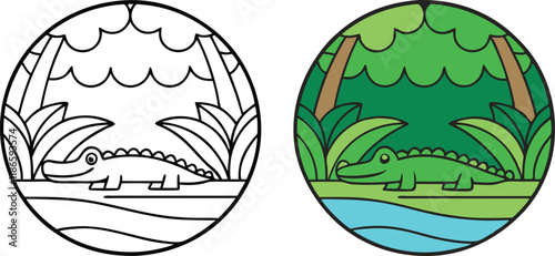 Alligator Coloring Page Jungle River Scene, Outline and Color