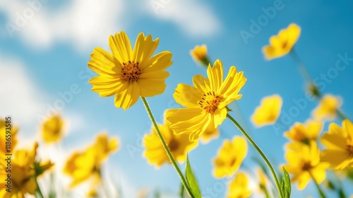 Bright yellow Catananche caerulea flowers blooming under a clear blue sky in a vibrant natural setting during spring or summer. photo