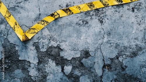 Weathered concrete with yellow caution tape detailing safety and alertness in urban environments