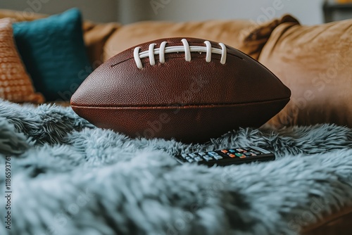 Football resting on a cozy couch with a remote nearby, ready for game day excitement in a living room setting