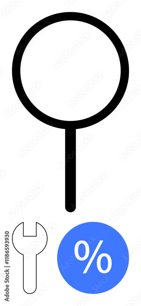 Magnifying glass symbolizing search, wrench representing tools, and percentage icon for statistics. Ideal for SEO, data analysis, maintenance, diagnostics, improvement marketing research. Blue Magnifying glass symbolizing search, wrench representing tools, and percentage icon for statistics. Ideal for SEO, data analysis, maintenance, diagnostics, improvement marketing research. Blue