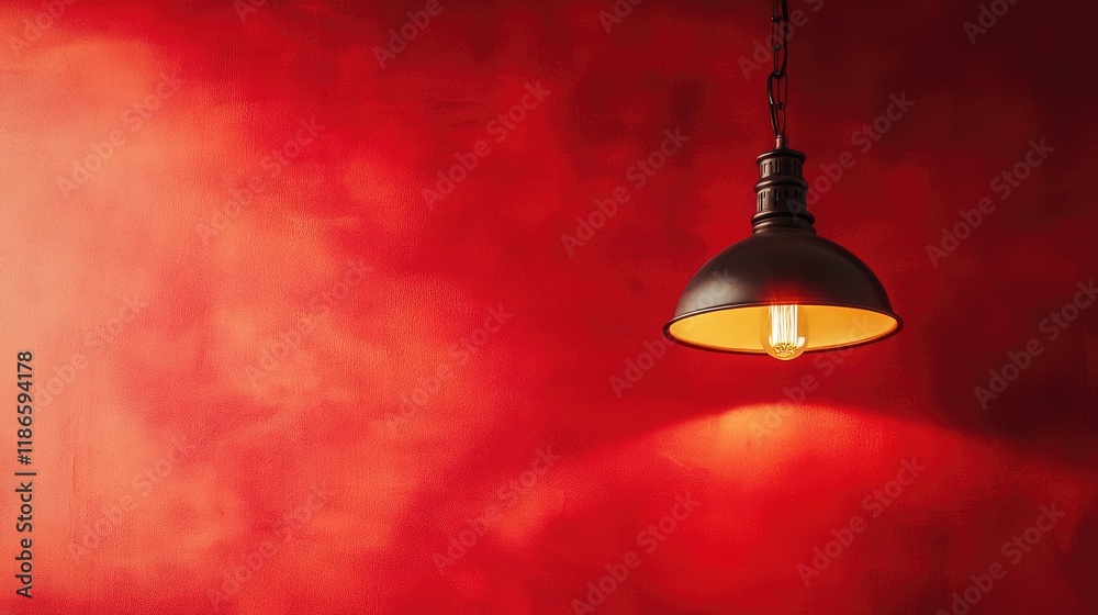 Obraz premium Vintage brown hanging lamp illuminated against a rich red wall creating a warm and inviting atmosphere in retro interior design.