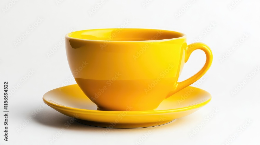 Bright yellow coffee cup and saucer on a clean minimalistic white background showcasing vibrant color and simple elegance. Bright yellow coffee cup and saucer on a clean minimalistic white background showcasing vibrant color and simple elegance.
