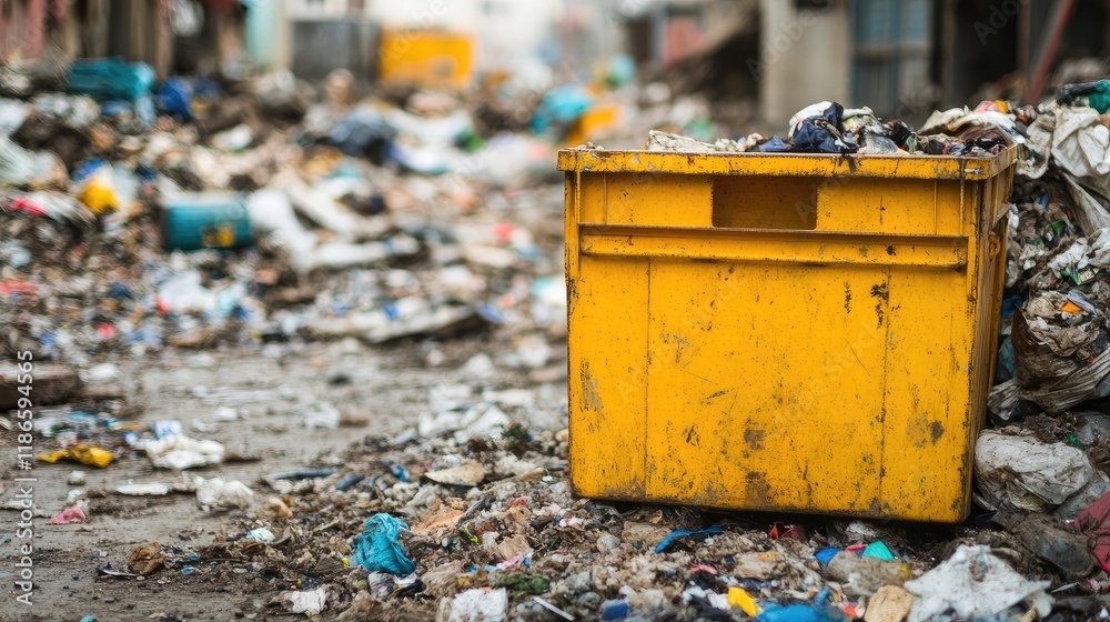 Yellow waste container amidst a chaotic scene of litter and debris emphasizing environmental challenges and the urgency of waste management solutions Yellow waste container amidst a chaotic scene of litter and debris emphasizing environmental challenges and the urgency of waste management solutions