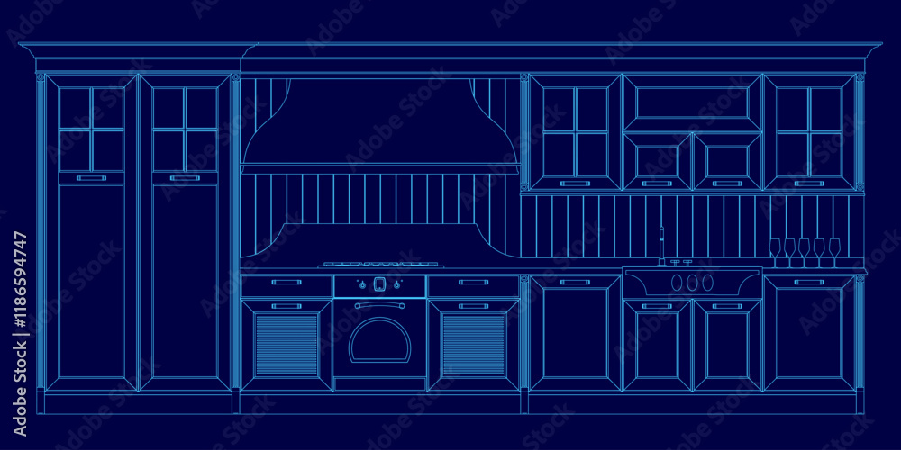 Blue kitchen with a stove and oven. The kitchen is shown in a blue drawing Blue kitchen with a stove and oven. The kitchen is shown in a blue drawing