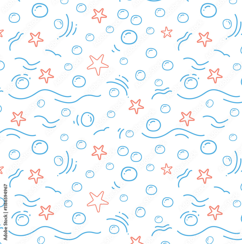 Light abstract underwater pattern with waves, bubbles and starfish. Seamless background in the form of doodle lines. Vector wallpaper for fabric, wrapping paper, design. Light abstract underwater pattern with waves, bubbles and starfish. Seamless background in the form of doodle lines. Vector wallpaper for fabric, wrapping paper, design.